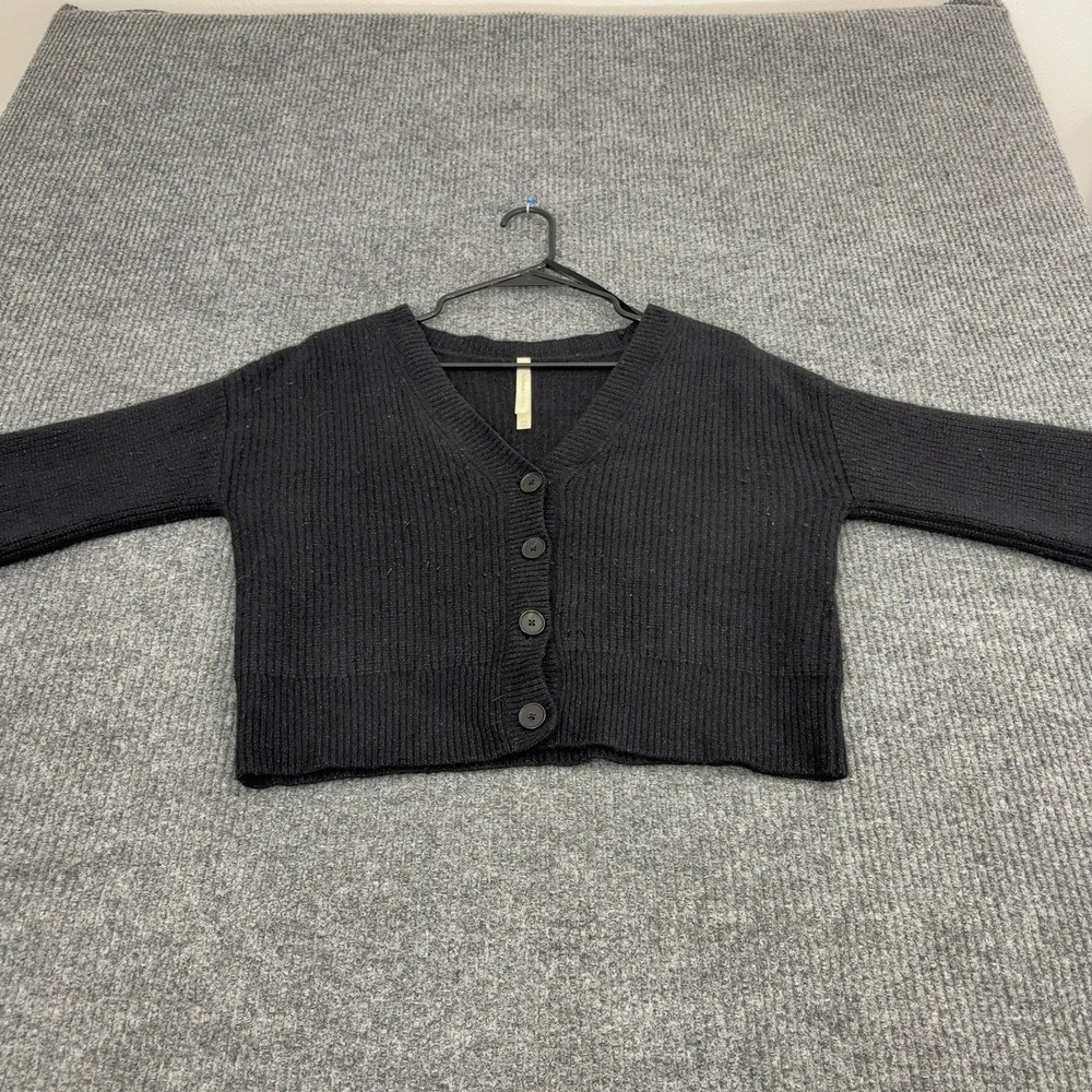 Babaton Cardigan Womens 2XS Black Merino Wool Ribbed Cropped V-Neck Minimalist